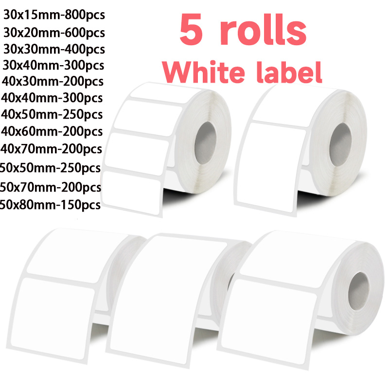 Label Maker Machine - 5 Rulo Beyaz Etiket Çıkartması, 30Mm/40Mm/50Mm